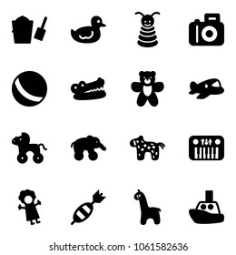 Solid vector icon set - bucket scoop vector, duck toy, pyramid, camera, ball, crocodile, bear, plane, wheel horse, elephant, piano, doll, dart, giraffe, boat