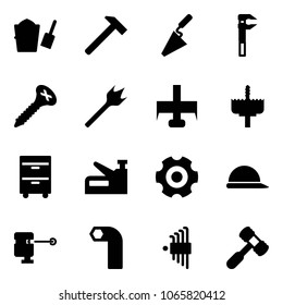 Solid vector icon set - bucket scoop vector, hammer, trowel, screw, wood drill, milling cutter, crown, tool cabinet, stapler, gear, construction helmet, laser lever, allen key, set, toy