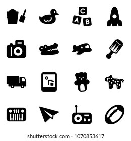 Solid vector icon set - bucket scoop vector, duck toy, abc cube, rocket, camera, crocodile, plane, beanbag, truck, game console, bear, horse, piano, paper, radio, football
