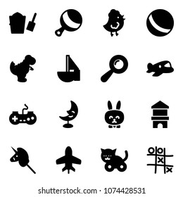 Solid vector icon set - bucket scoop vector, beanbag, chicken toy, ball, dinosaur, sailboat, plane, gamepad, moon lamp, rabbit, block house, unicorn stick, cat, Tic tac toe