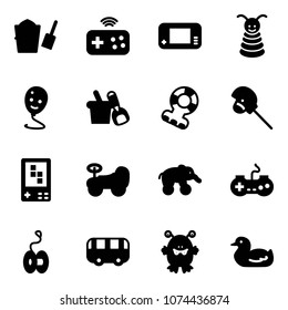 Solid vector icon set - bucket scoop vector, joystick wireless, game console, pyramid toy, balloon smile, shovel, teethers, horse stick, baby car, elephant wheel, gamepad, yoyo, bus, monster, duck