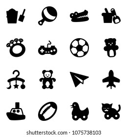 Solid vector icon set - bucket scoop vector, beanbag, crocodile, shovel, gamepad, soccer ball, bear toy, baby carousel, paper plane, boat, football, duck, cat