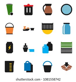 solid vector icon set - bucket vector, trash bin, measuring cup, jug, sieve, jar, energy drink, sea container, port, shopping bag, package