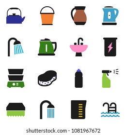 solid vector icon set - bucket vector, sponge, sprayer, shower, sink, kettle, measuring cup, double boiler, jug, enegry drink, water bottle, pool