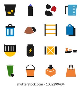 solid vector icon set - bucket vector, trash bin, garbage pile, measuring cup, enegry drink, water bottle, sea container, port, wood box, package, shelving, shopping bag