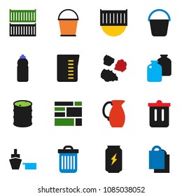 solid vector icon set - bucket vector, trash bin, garbage pile, measuring cup, jug, jar, enegry drink, water bottle, sea container, port, consolidated cargo, oil barrel, shopping bag