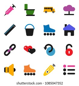 solid vector icon set - bucket vector, toilet, ruler, school bus, roller Skates, speaker, remote control, heart, syringe, cloud network, home, undo, chain, unlock, menu