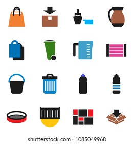 solid vector icon set - bucket vector, trash bin, measuring cup, jug, sieve, water bottle, sea container, port, wood box, consolidated cargo, package, shopping bag