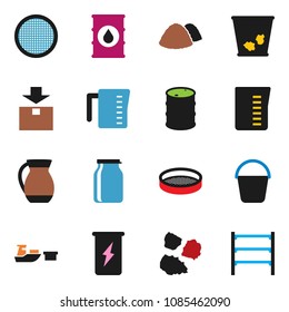solid vector icon set - bucket vector, trash bin, garbage pile, measuring cup, jug, sieve, jar, enegry drink, port, package, oil barrel, shelving