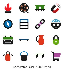 solid vector icon set - bucket vector, apron, jug, backpack, compass, magnet, calculator, horizontal bar, skateboard, flammable, Railway carriage, film spool, head bandage, chain, lock, cart