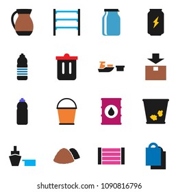solid vector icon set  - bucket vector, trash bin, garbage pile, jug, jar, enegry drink, water bottle, port, wood box, package, oil barrel, shelving, shopping bag
