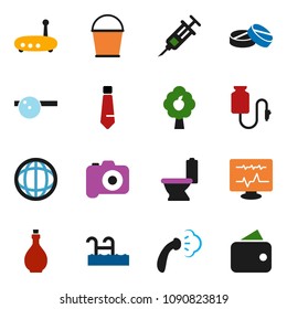 solid vector icon set - bucket vector, steaming, toilet, oil, world, tie, camera, syringe, pills, eye doctor hat, diagnostic monitor, drop counter, router, pool, fruit tree, wallet