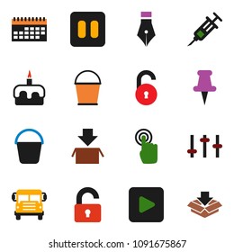 solid vector icon set - bucket vector, cake, pen, school bus, calendar, settings, touchscreen, thumbtack, play button, pause, syringe, unlock, package