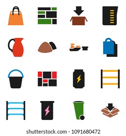 solid vector icon set - bucket vector, trash bin, garbage pile, measuring cup, jug, enegry drink, port, consolidated cargo, shelving, shopping bag, package
