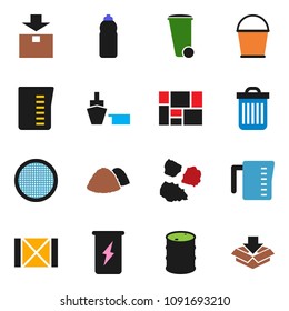 solid vector icon set - bucket vector, trash bin, garbage pile, measuring cup, sieve, enegry drink, water bottle, port, wood box, consolidated cargo, package, oil barrel