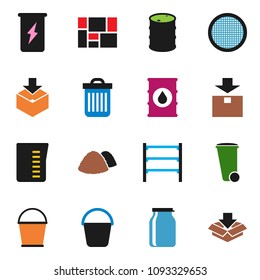 solid vector icon set - bucket vector, trash bin, garbage pile, measuring cup, sieve, jar, enegry drink, consolidated cargo, package, oil barrel, shelving