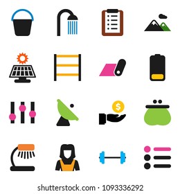 solid vector icon set - bucket vector, shower, cleaner woman, table lamp, investment, barbell, fitness mat, shelving, satellite antenna, settings, battery, solar panel, mountain, wallet, menu
