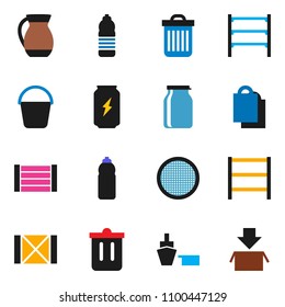 solid vector icon set - bucket vector, trash bin, jug, sieve, jar, energy drink, water bottle, port, wood box, shelving, shopping bag, package