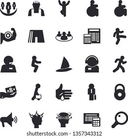 Solid vector icon set - builder flat vector, calculator, investments, telephone operator, disabled, injury, headache, teamwork, phone, businessman, weight, muscles, athletic shorts, gymnastics, run