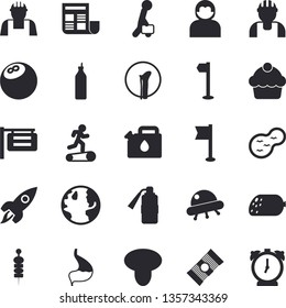 Solid vector icon set - builder flat vector, spaghetti, cake, sausage, canape, mustard, mushroom, pond, earth, canister, signboard, bone fracture, stomach, document, businessman, rocket, ufo, user