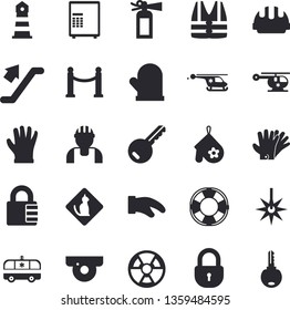 Solid vector icon set - builder flat vector, hard hat, potholder, gloves, radiation, laser, lighthouse, ambulance, helicopter, VIP area fector, escalator, pets allowed, surveillance camera, safe