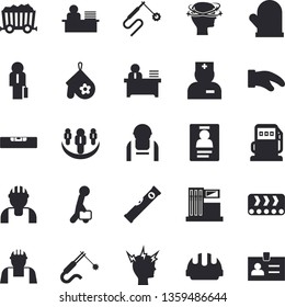 Solid vector icon set - builder flat vector, level meter, hard hat, potholder, gas station, refueling, conveyor, construction worker, welding, mining, physician, headache, badge, office, businessman