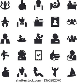 Solid vector icon set - builder flat vector, construction worker, person, team, telephone operator, disabled, injury, teamwork, phone, office, muscles, gymnastics, swing press, indentity card fector