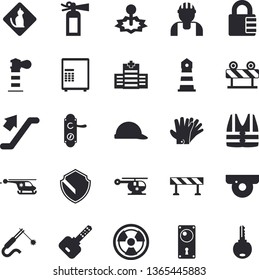 Solid vector icon set - builder flat vector, door lock, hard hat, barrier, gloves, radiation, laser, welding, lighthouse, helicopter, escalator fector, hospital, pets allowed, surveillance camera