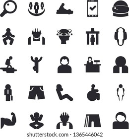 Solid vector icon set - builder flat vector, construction worker, person, disabled, massage, headache, businessman, teamwork, astronaut helmet fector, muscles, athletic shorts, yoga, gymnastics