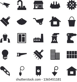 Solid vector icon set - builder flat vector, faucet, window, wheelbarrow, drill screwdriver, color scheme, energy saving lamp, skyscraper, tile, hard hat, putty knife, construction plummet, boiler