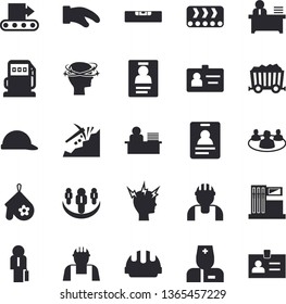 Solid vector icon set - builder flat vector, level meter, hard hat, potholder, gas station, refueling, conveyor, mining, physician, headache, teamwork, badge, office worker, businessman