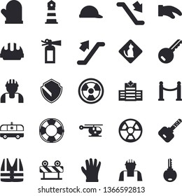 Solid vector icon set - builder flat vector, hard hat, barrier, potholder, gloves, radiation, lighthouse, ambulance, helicopter, VIP area, escalator, hospital, pets allowed, security, key