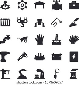 Solid vector icon set - builder flat vector, hook, trowel, wheelbarrow, drill screwdriver, tool bag, hard hat, switch box, construction plummet, gloves, oil production platform, trammel, factory