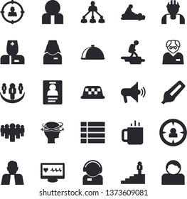 Solid vector icon set - builder flat vector, dish, tea, person, target audience, marker, team, telephone operator, computer diagnostics of health, physician, massage, headache, nurse, badge, taxi