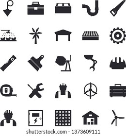Solid vector icon set - builder flat vector, concrete mixer, tool, saw, tape measure, bag, pipes, level meter, hard hat, switch box, putty knife, construction plummet, brick, windmill, warehouse
