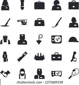 Solid vector icon set - builder flat vector, level meter, hard hat, construction plummet, case, telephone operator, physician, briefcase, helicopter, nurse, scalpel, phone, tie, agreement