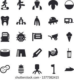 Solid vector icon set - builder flat vector, cauldron, towel, canned food, mushroom, ice cream, soda, pineapple, ladybird, garden wheelbarrow, pond, refueling, signboard, marker, virus, tooth, ufo