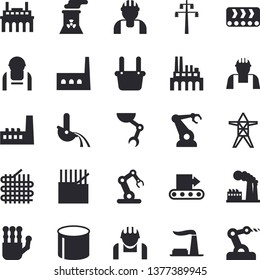 Solid vector icon set - builder flat vector, factory, power line support, manufactory, plant, conveyor, construction worker, fabric manufacture, pipe production, robotics, metallurgy, robot hand
