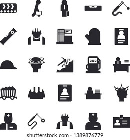 Solid vector icon set - builder flat vector, level meter, hard hat, potholder, gas station, refueling, conveyor, construction worker, welding, mining, physician, headache, badge, office, businessman
