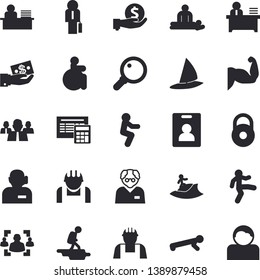 Solid vector icon set - builder flat vector, calculator, construction worker, investments, team, disabled, massage, recruitment, phone operator, office, businessman, scientist, weight, muscles, hike