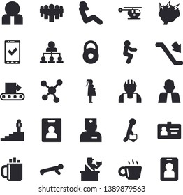 Solid vector icon set - builder flat vector, conveyor, person, team, physician, helicopter, gestation, molecules, coffee, badge, hierarchy, businessman, career ladder, brainstorm, weight, squats