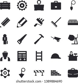 Solid vector icon set - builder flat vector, brick wall, concrete mixer, wheelbarrow, saw, tool bag, paint roller, hard hat, construction plummet, hammer, barrier, rake, ladder, case, cogwheel