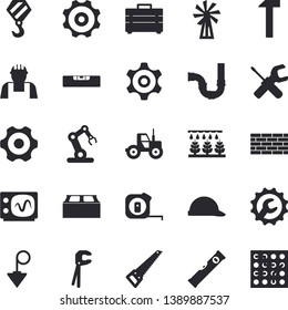 Solid vector icon set - builder flat vector, brick wall, hook, cogwheel, tool, saw, tape measure, bag, pipes, level meter, hard hat, repair, construction plummet, hammer, windmill, tractor