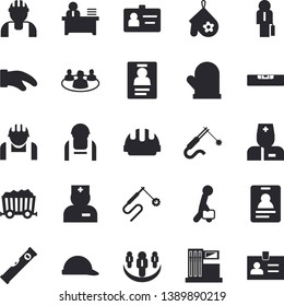 Solid vector icon set - builder flat vector, level meter, hard hat, potholder, gas station, construction worker, welding, mining, physician, teamwork, badge, office, businessman