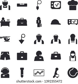 Solid vector icon set - builder flat vector, level meter, hard hat, construction plummet, cook, worker, case, telephone operator, briefcase, helicopter, nurse, phone, office, point diagram, tie