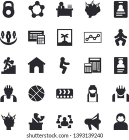 Solid vector icon set - builder flat vector, calculator, conveyor, construction worker, headache, nurse, molecules, recruitment, badge, office, point diagram, career ladder, teamwork, brainstorm