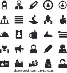Solid vector icon set - builder flat vector, dish, tea, construction worker, target audience, marker, investments, disabled, massage, nurse, phone operator, office, hierarchy, scientist, hike fector