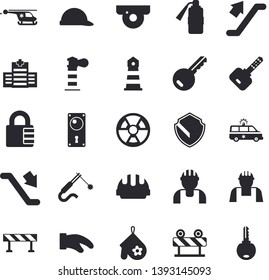 Solid vector icon set - builder flat vector, door lock, hard hat, barrier, potholder, radiation, welding, lighthouse, ambulance, helicopter, escalator fector, hospital, surveillance camera, security