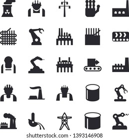 Solid vector icon set - builder flat vector, factory, power line support, manufactory, plant, conveyor, construction worker, fabric manufacture, pipe production, robotics, metallurgy, robot hand