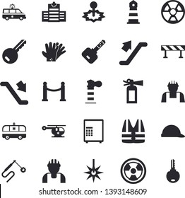 Solid vector icon set - builder flat vector, hard hat, barrier, gloves, radiation, laser, welding, lighthouse, ambulance, helicopter, VIP area fector, escalator, hospital, safe, key, life vest